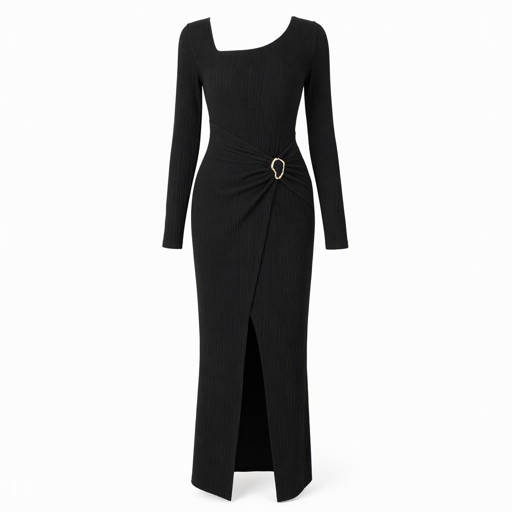 📢📢50%Rabatt!!!🎉✨Damen Herbst Winter Einfarbiges Stricktextur Langes Kleid mit Unregelmäßigem Ausschnitt