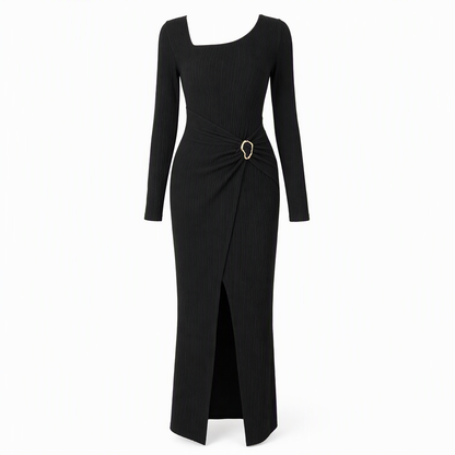 📢📢50%Rabatt!!!🎉✨Damen Herbst Winter Einfarbiges Stricktextur Langes Kleid mit Unregelmäßigem Ausschnitt