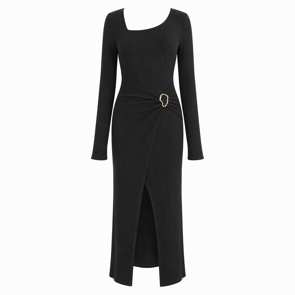 📢📢50%Rabatt!!!🎉✨Damen Herbst Winter Einfarbiges Stricktextur Langes Kleid mit Unregelmäßigem Ausschnitt
