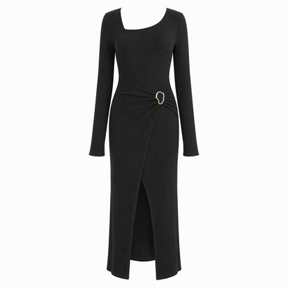 📢📢50%Rabatt!!!🎉✨Damen Herbst Winter Einfarbiges Stricktextur Langes Kleid mit Unregelmäßigem Ausschnitt