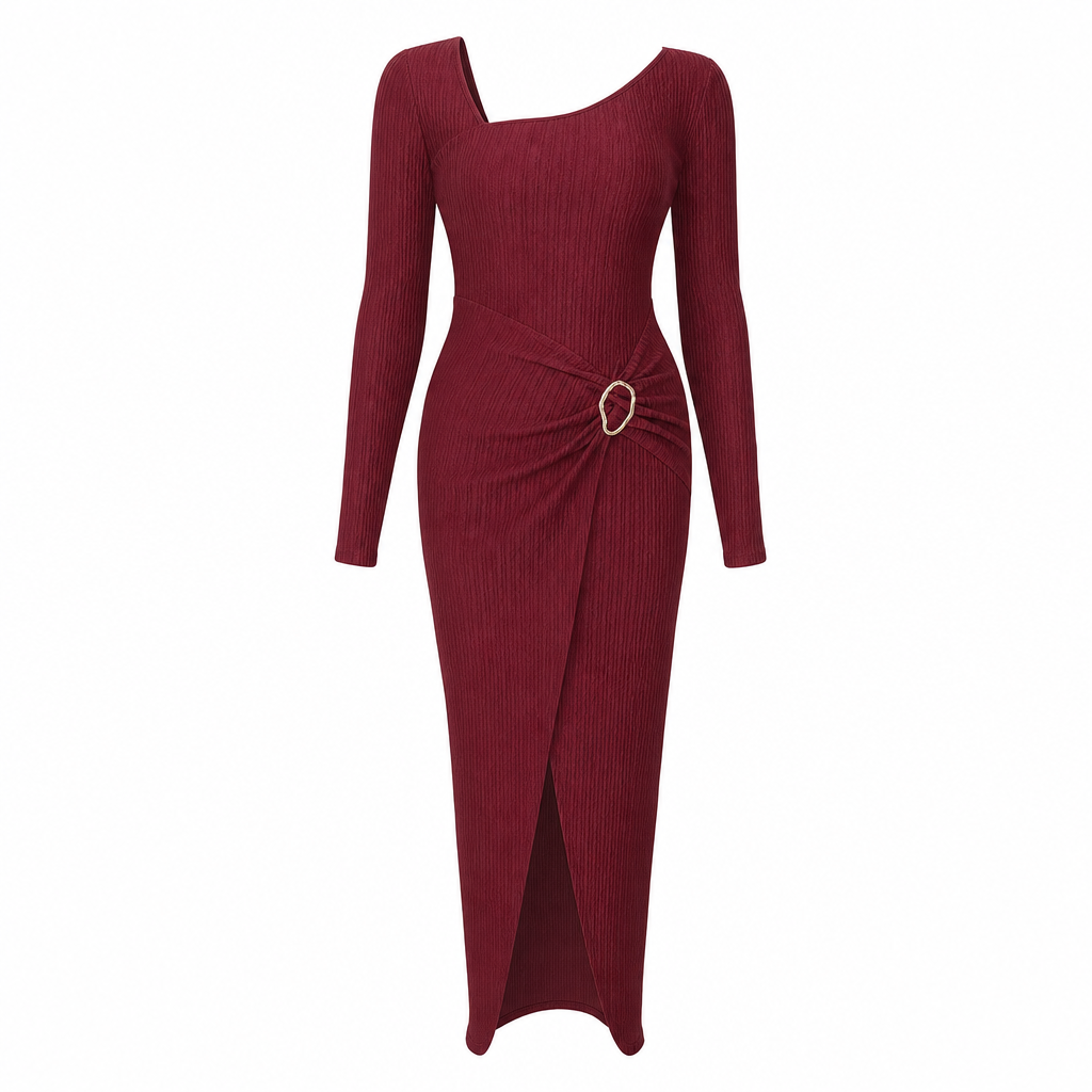 📢📢50%Rabatt!!!🎉✨Damen Herbst Winter Einfarbiges Stricktextur Langes Kleid mit Unregelmäßigem Ausschnitt