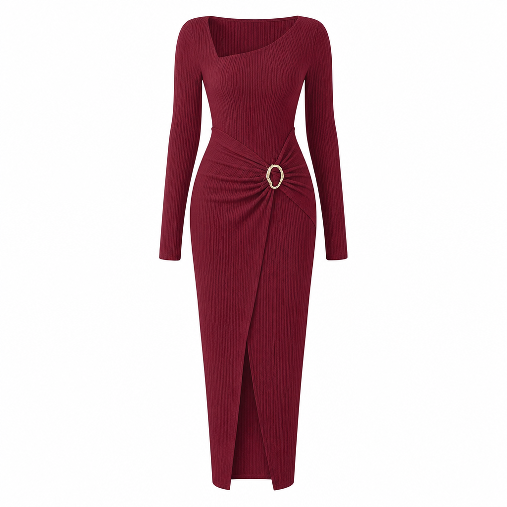 📢📢50%Rabatt!!!🎉✨Damen Herbst Winter Einfarbiges Stricktextur Langes Kleid mit Unregelmäßigem Ausschnitt