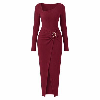 📢📢50%Rabatt!!!🎉✨Damen Herbst Winter Einfarbiges Stricktextur Langes Kleid mit Unregelmäßigem Ausschnitt