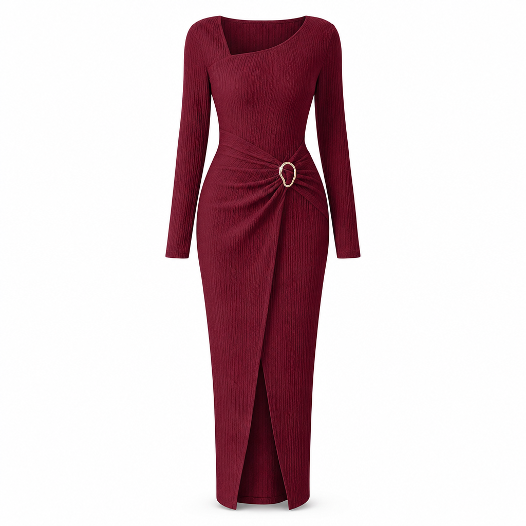 📢📢50%Rabatt!!!🎉✨Damen Herbst Winter Einfarbiges Stricktextur Langes Kleid mit Unregelmäßigem Ausschnitt