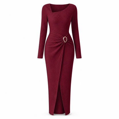 📢📢50%Rabatt!!!🎉✨Damen Herbst Winter Einfarbiges Stricktextur Langes Kleid mit Unregelmäßigem Ausschnitt