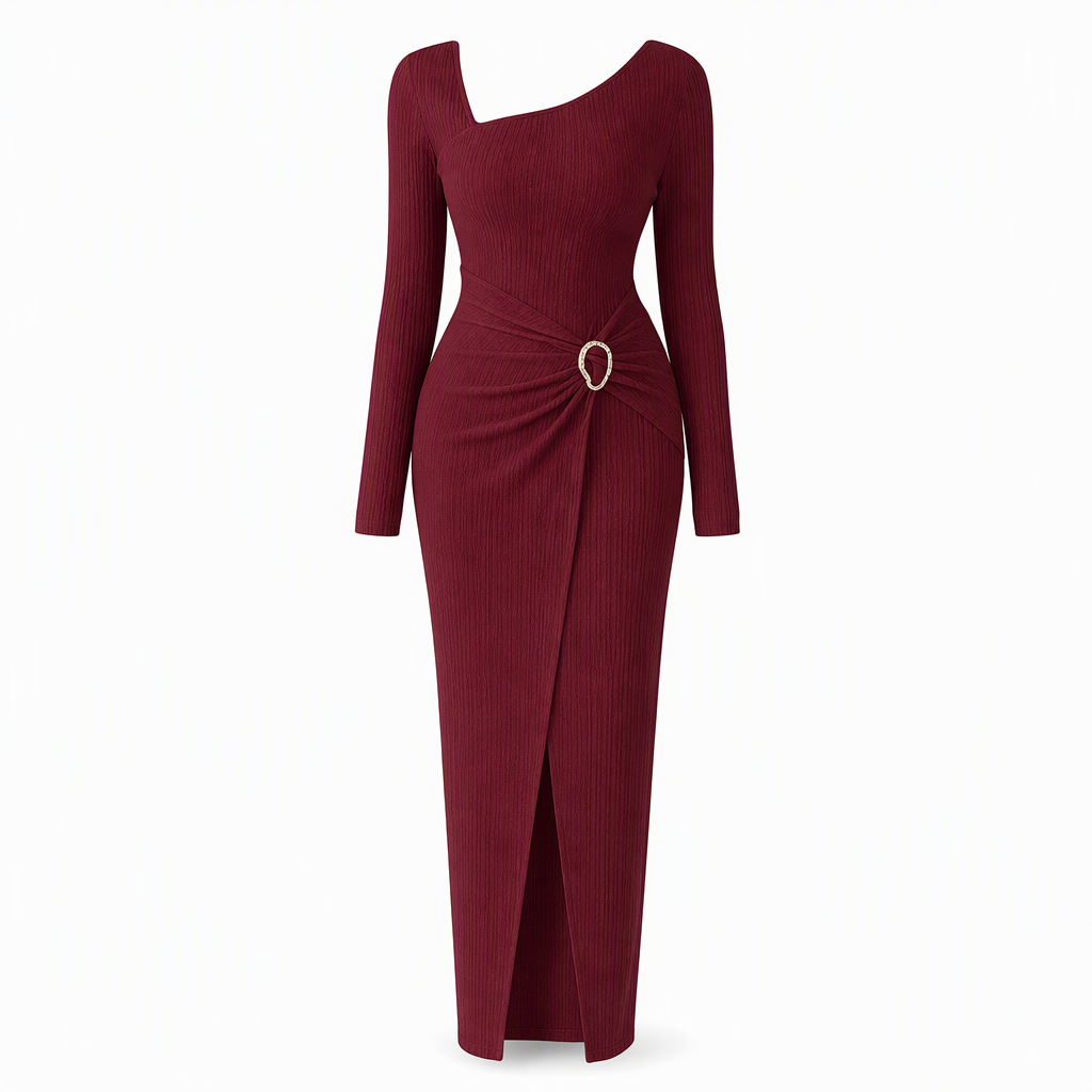 📢📢50%Rabatt!!!🎉✨Damen Herbst Winter Einfarbiges Stricktextur Langes Kleid mit Unregelmäßigem Ausschnitt