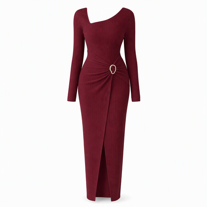 📢📢50%Rabatt!!!🎉✨Damen Herbst Winter Einfarbiges Stricktextur Langes Kleid mit Unregelmäßigem Ausschnitt