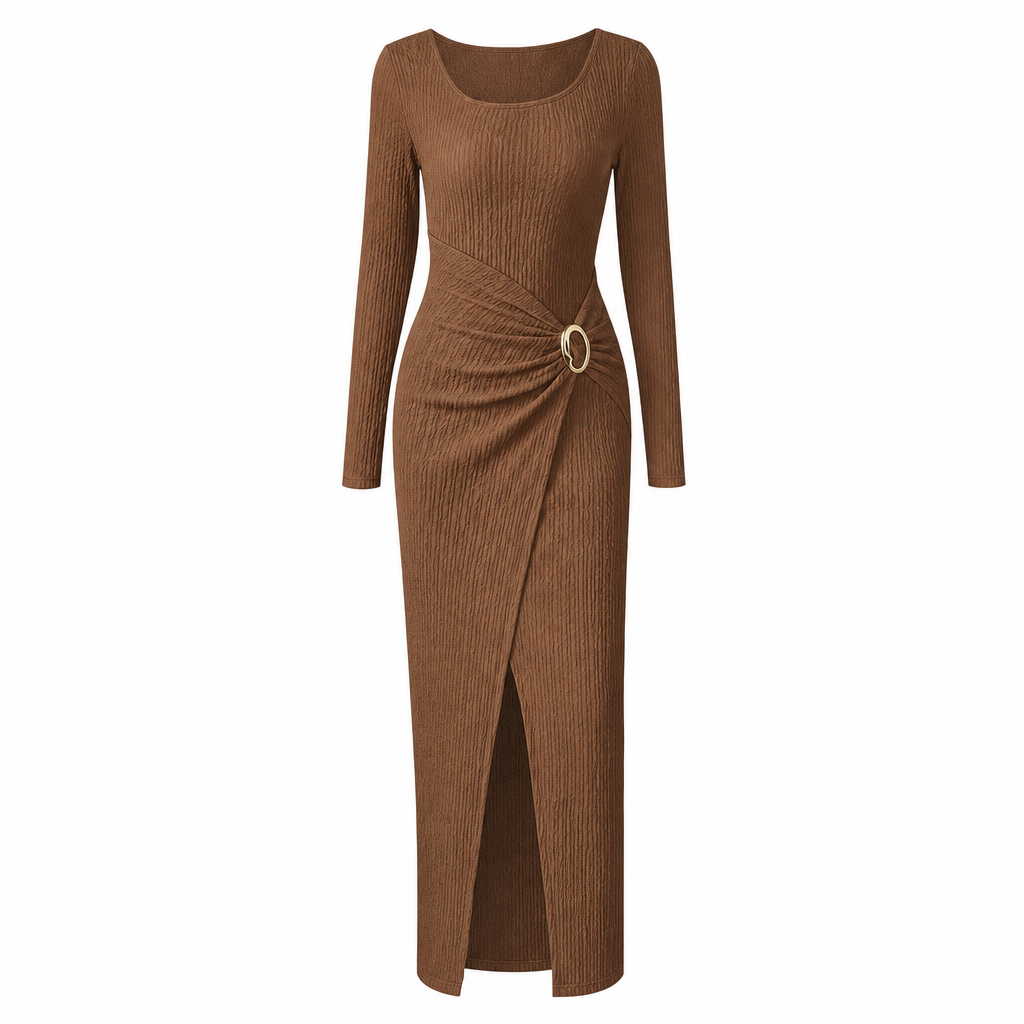 📢📢50%Rabatt!!!🎉✨Damen Herbst Winter Einfarbiges Stricktextur Langes Kleid mit Unregelmäßigem Ausschnitt