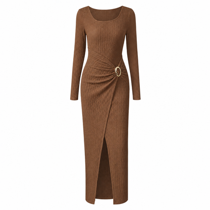 📢📢50%Rabatt!!!🎉✨Damen Herbst Winter Einfarbiges Stricktextur Langes Kleid mit Unregelmäßigem Ausschnitt