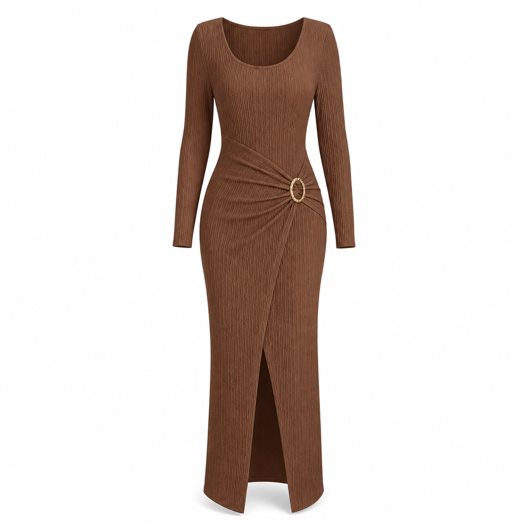 📢📢50%Rabatt!!!🎉✨Damen Herbst Winter Einfarbiges Stricktextur Langes Kleid mit Unregelmäßigem Ausschnitt