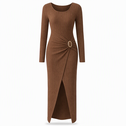📢📢50%Rabatt!!!🎉✨Damen Herbst Winter Einfarbiges Stricktextur Langes Kleid mit Unregelmäßigem Ausschnitt