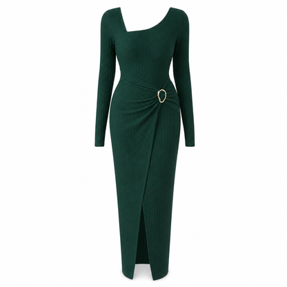 📢📢50%Rabatt!!!🎉✨Damen Herbst Winter Einfarbiges Stricktextur Langes Kleid mit Unregelmäßigem Ausschnitt