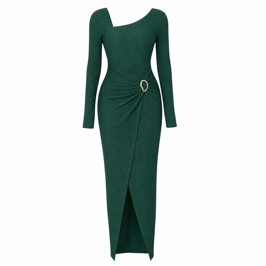 📢📢50%Rabatt!!!🎉✨Damen Herbst Winter Einfarbiges Stricktextur Langes Kleid mit Unregelmäßigem Ausschnitt