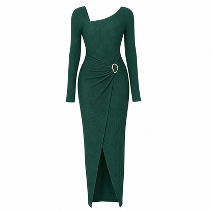 📢📢50%Rabatt!!!🎉✨Damen Herbst Winter Einfarbiges Stricktextur Langes Kleid mit Unregelmäßigem Ausschnitt