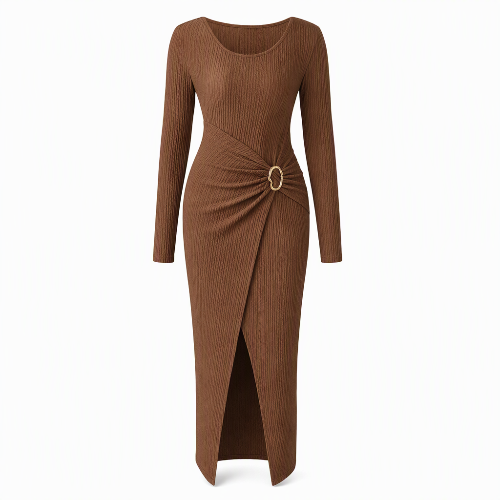 📢📢50%Rabatt!!!🎉✨Damen Herbst Winter Einfarbiges Stricktextur Langes Kleid mit Unregelmäßigem Ausschnitt