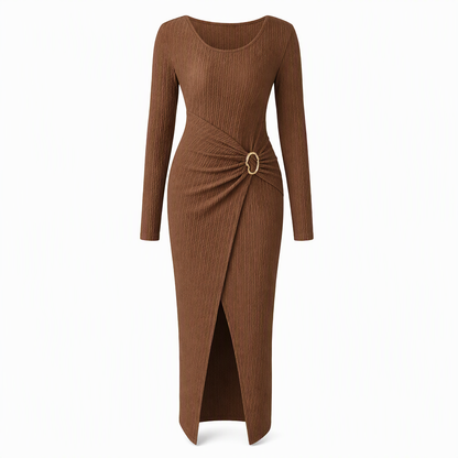 📢📢50%Rabatt!!!🎉✨Damen Herbst Winter Einfarbiges Stricktextur Langes Kleid mit Unregelmäßigem Ausschnitt