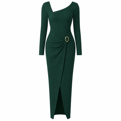📢📢50%Rabatt!!!🎉✨Damen Herbst Winter Einfarbiges Stricktextur Langes Kleid mit Unregelmäßigem Ausschnitt