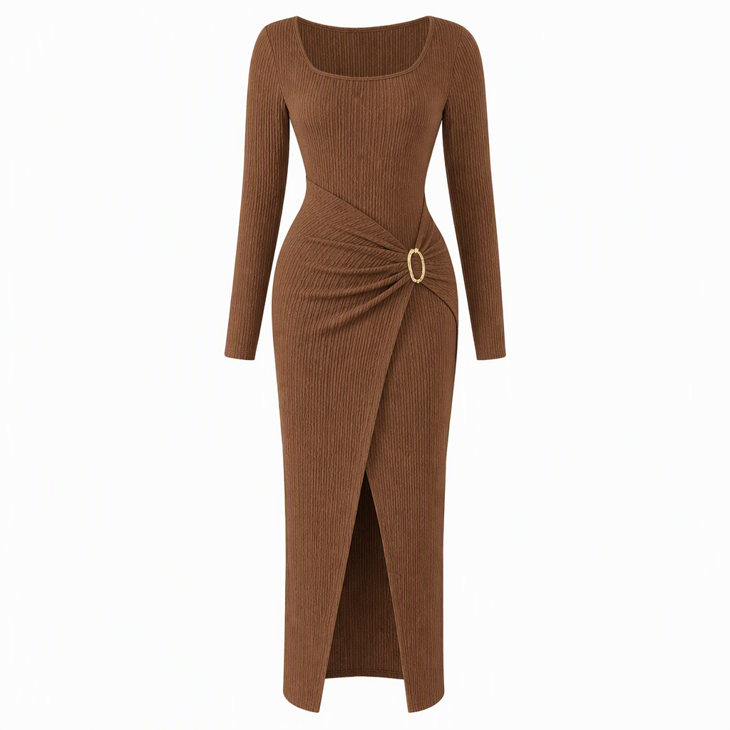 📢📢50%Rabatt!!!🎉✨Damen Herbst Winter Einfarbiges Stricktextur Langes Kleid mit Unregelmäßigem Ausschnitt