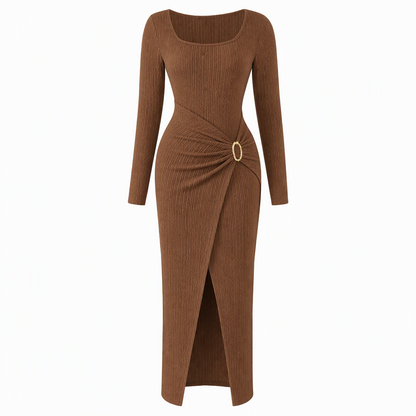 📢📢50%Rabatt!!!🎉✨Damen Herbst Winter Einfarbiges Stricktextur Langes Kleid mit Unregelmäßigem Ausschnitt