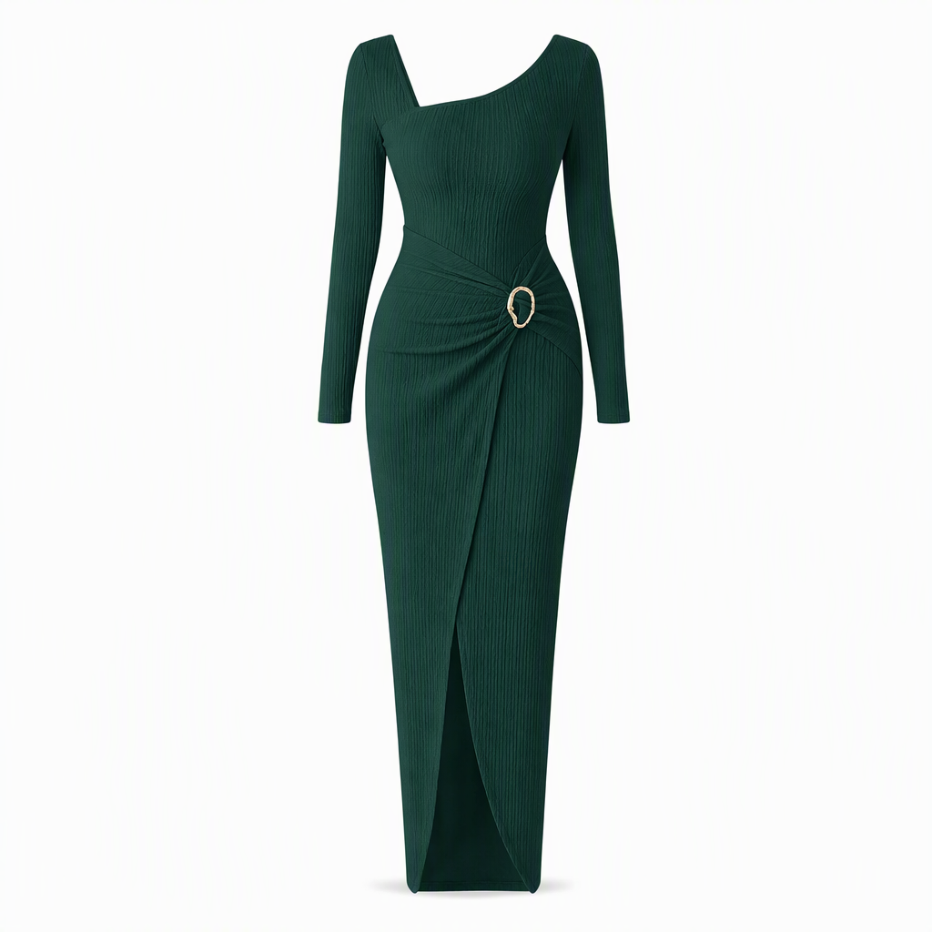 📢📢50%Rabatt!!!🎉✨Damen Herbst Winter Einfarbiges Stricktextur Langes Kleid mit Unregelmäßigem Ausschnitt
