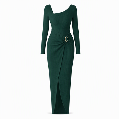 📢📢50%Rabatt!!!🎉✨Damen Herbst Winter Einfarbiges Stricktextur Langes Kleid mit Unregelmäßigem Ausschnitt