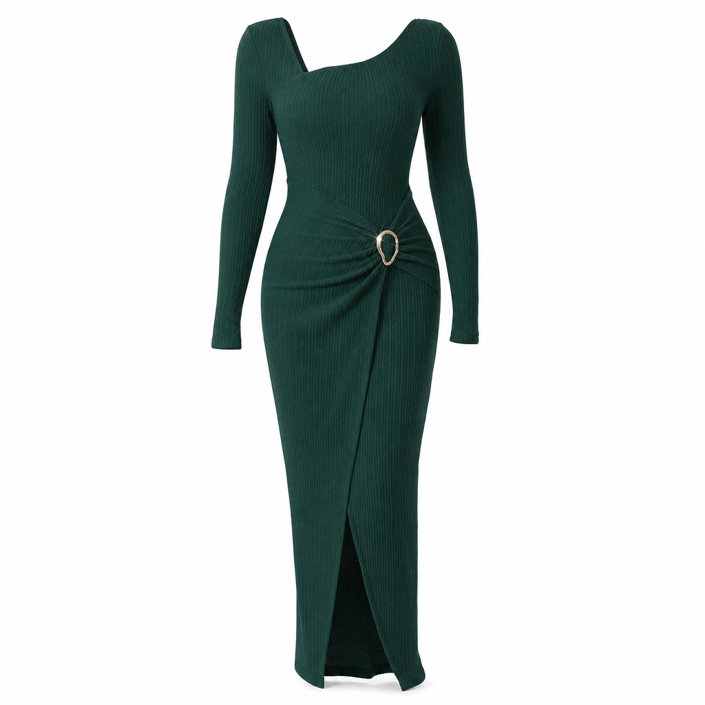 📢📢50%Rabatt!!!🎉✨Damen Herbst Winter Einfarbiges Stricktextur Langes Kleid mit Unregelmäßigem Ausschnitt