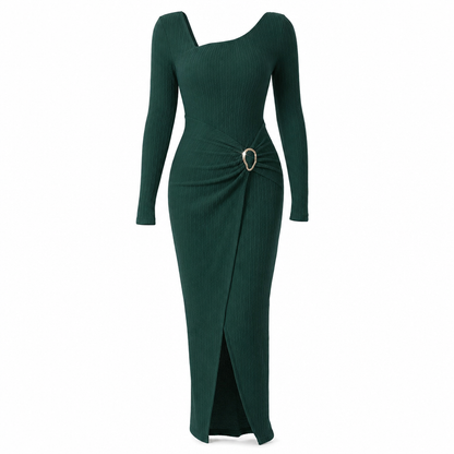 📢📢50%Rabatt!!!🎉✨Damen Herbst Winter Einfarbiges Stricktextur Langes Kleid mit Unregelmäßigem Ausschnitt