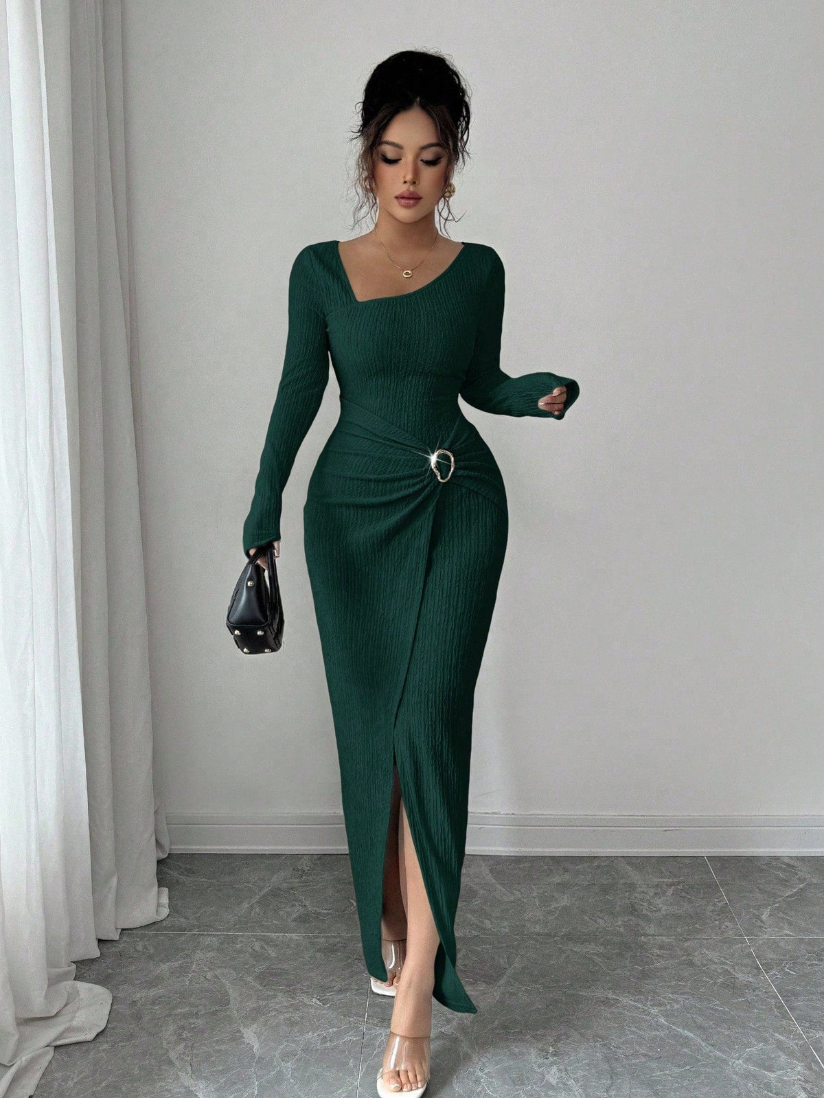📢📢50%Rabatt!!!🎉✨Damen Herbst Winter Einfarbiges Stricktextur Langes Kleid mit Unregelmäßigem Ausschnitt