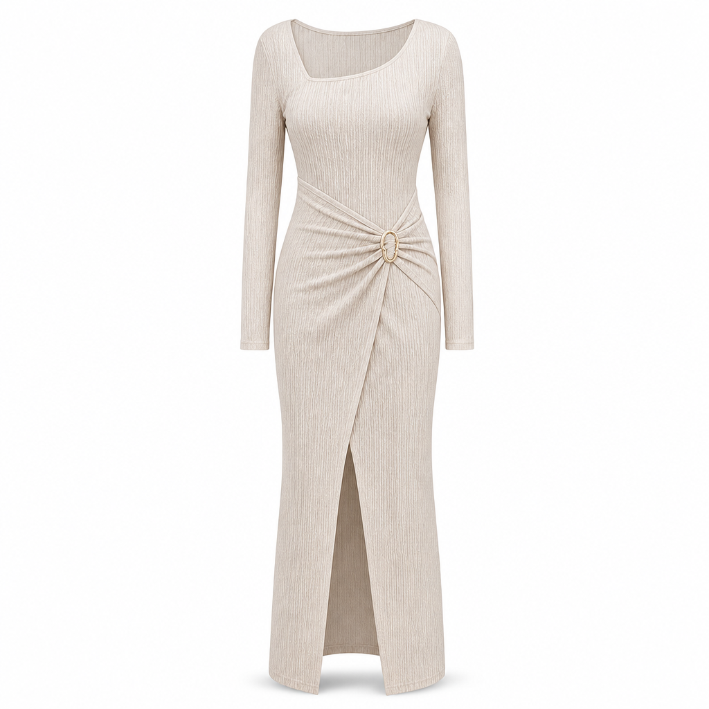 📢📢50%Rabatt!!!🎉✨Damen Herbst Winter Einfarbiges Stricktextur Langes Kleid mit Unregelmäßigem Ausschnitt