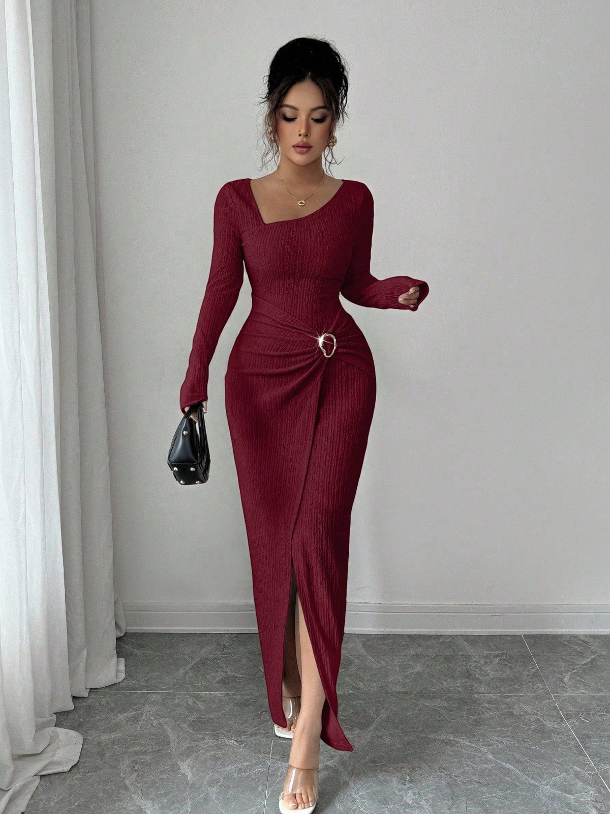 📢📢50%Rabatt!!!🎉✨Damen Herbst Winter Einfarbiges Stricktextur Langes Kleid mit Unregelmäßigem Ausschnitt
