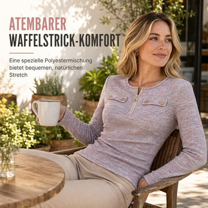 📢🎉50%Rabatt!!!🛍️🌿 Feminin & modern – Halb-Zip Strickoberteil mit V-Ausschnitt – Weicher Stoff, moderner Schnitt & vielseitig kombinierbar
