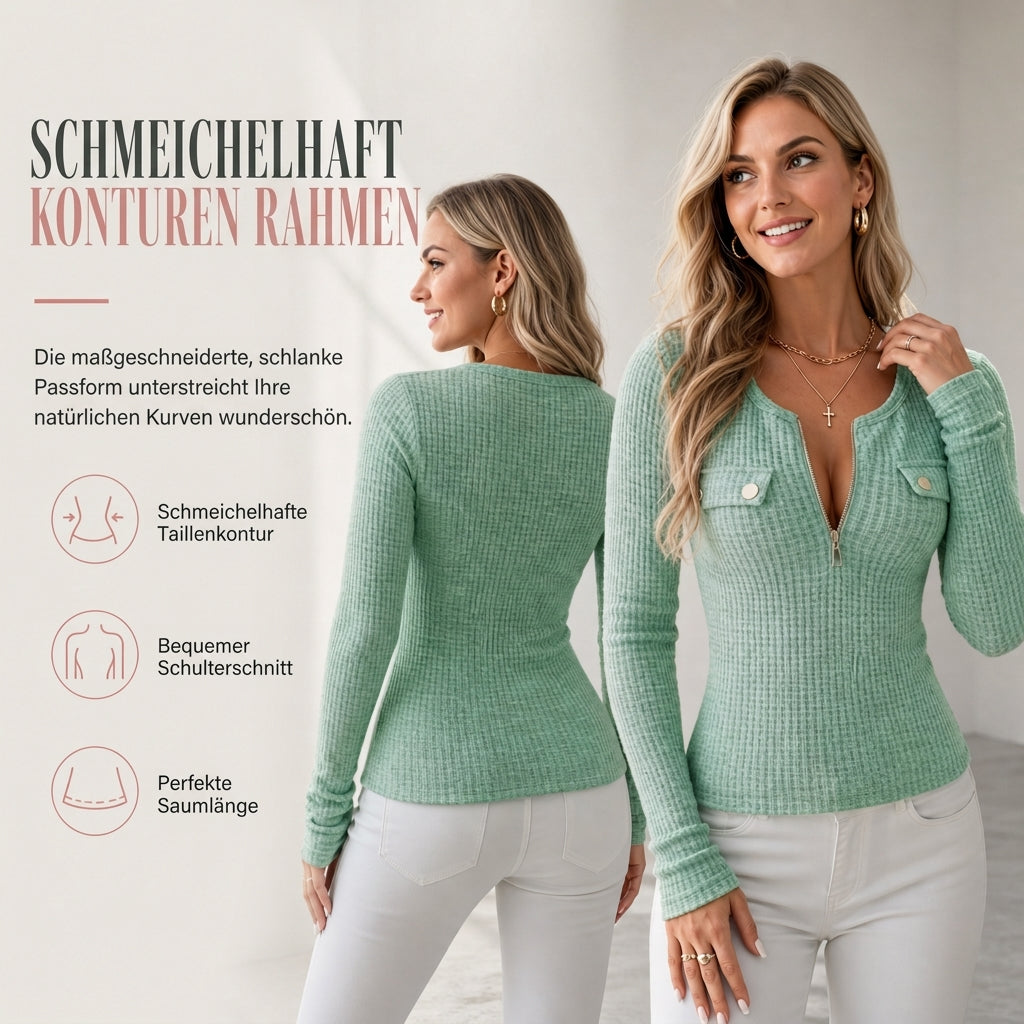📢🎉50%Rabatt!!!🛍️🌿 Feminin & modern – Halb-Zip Strickoberteil mit V-Ausschnitt – Weicher Stoff, moderner Schnitt & vielseitig kombinierbar