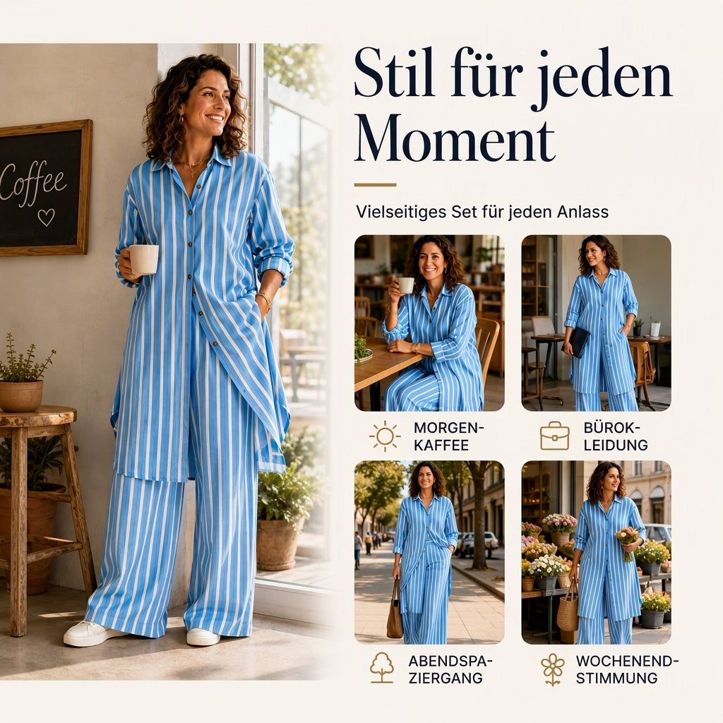 ⌛ Nur solange Vorrat reicht – danach regulärer Preis! Damen gestreiftes Longline-Hemd mit weit geschnittener Hose