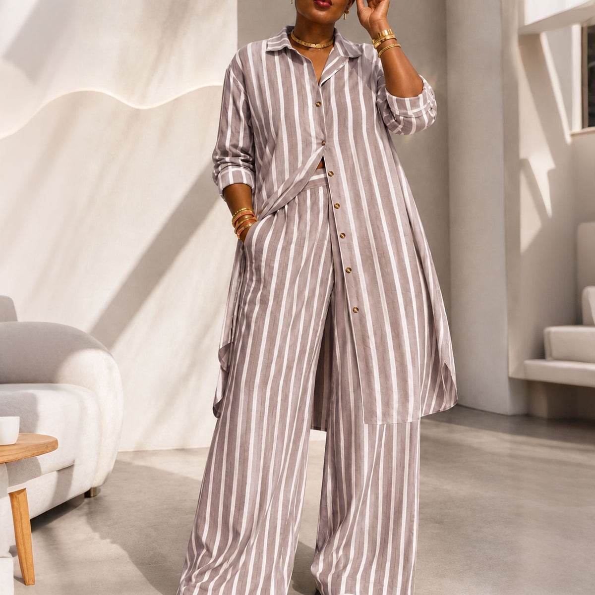 ⌛ Nur solange Vorrat reicht – danach regulärer Preis! Damen gestreiftes Longline-Hemd mit weit geschnittener Hose
