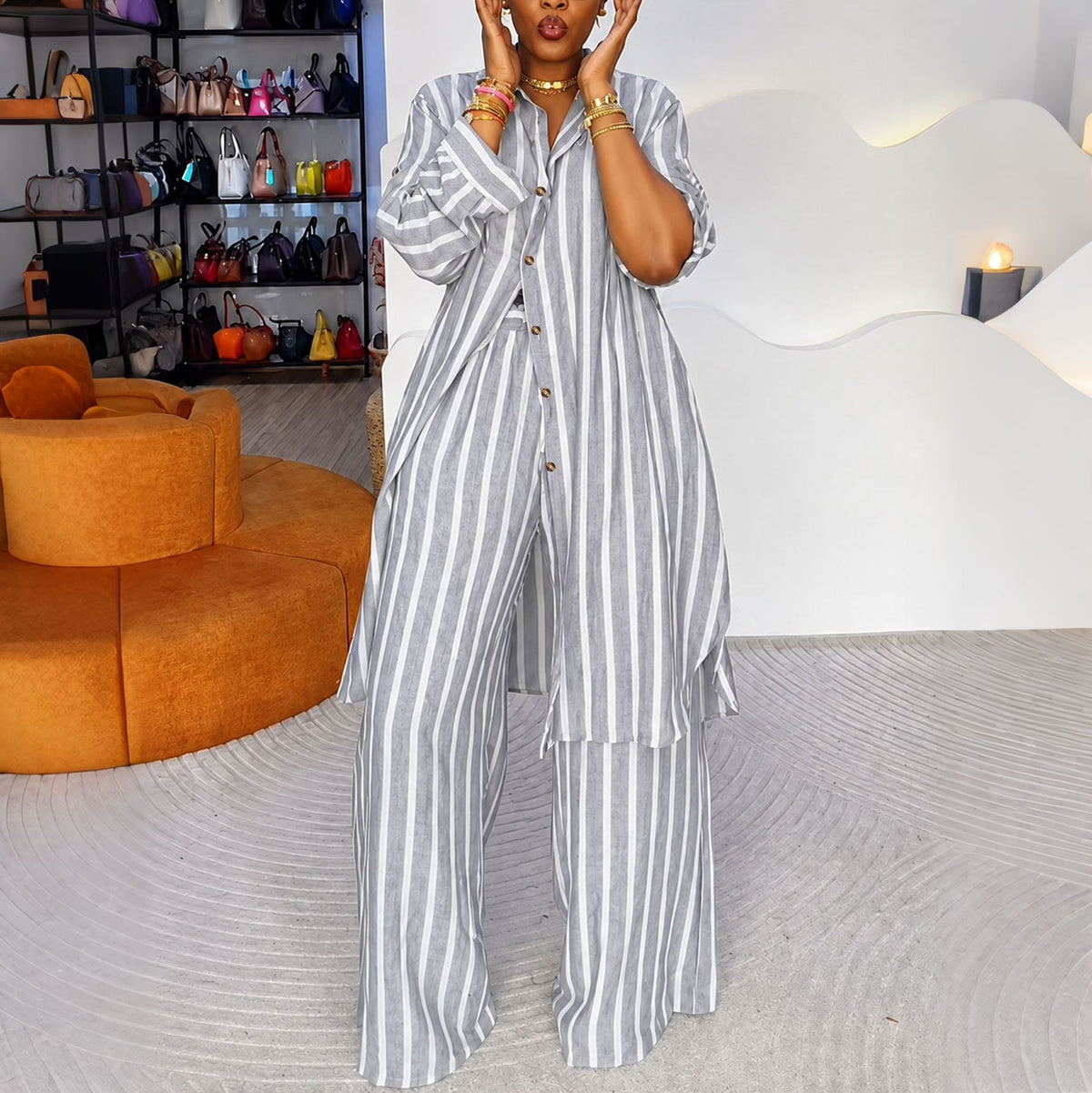 ⌛ Nur solange Vorrat reicht – danach regulärer Preis! Damen gestreiftes Longline-Hemd mit weit geschnittener Hose