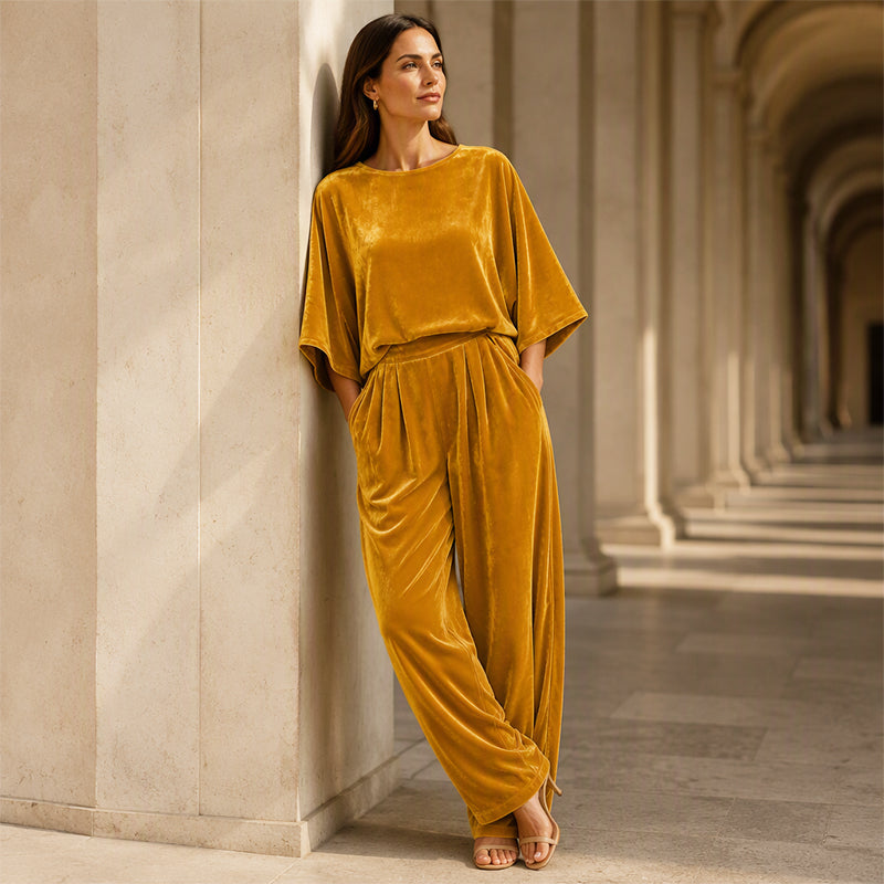 📢🎉50%Rabatt!!!🛍️✨Samt-Set für Damen: Kurzarm-Oberteil & Weite-Hose