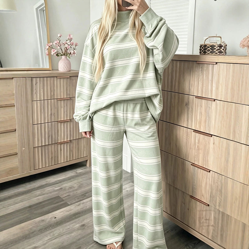 📢🎉50%Rabatt!!!🛍️🌟Damen-Streifenmotte-Mock-Neck-Top & Wide-Leg-Hosen-Set