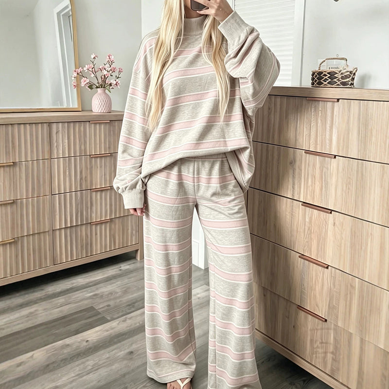 📢🎉50%Rabatt!!!🛍️🌟Damen-Streifenmotte-Mock-Neck-Top & Wide-Leg-Hosen-Set