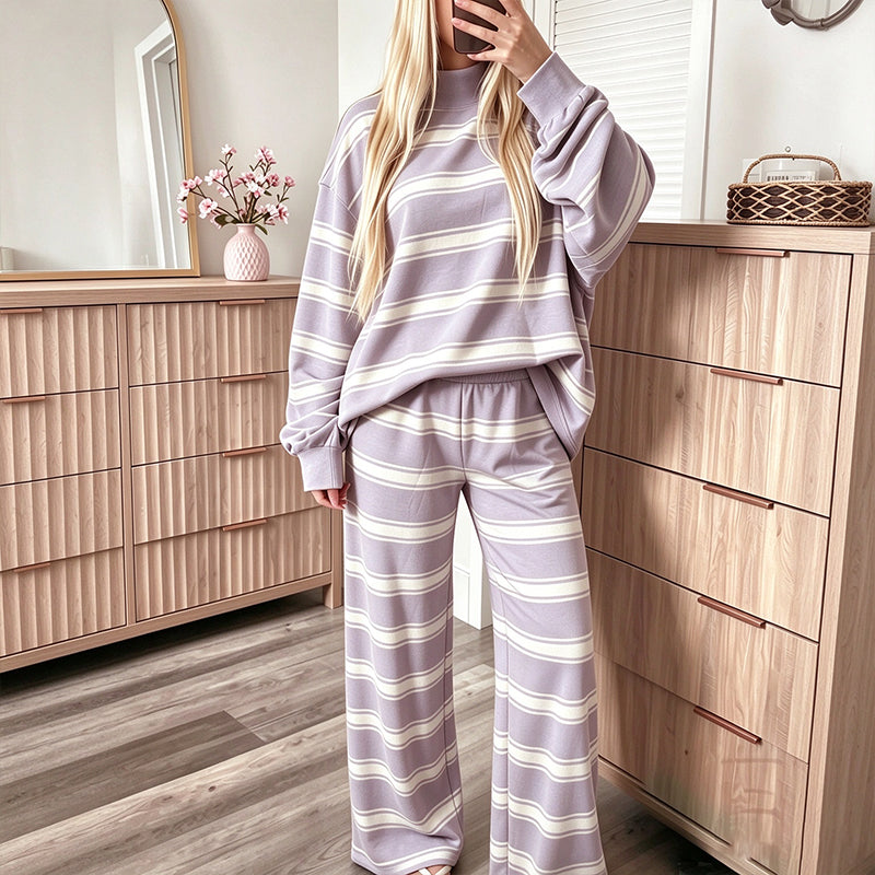 📢🎉50%Rabatt!!!🛍️🌟Damen-Streifenmotte-Mock-Neck-Top & Wide-Leg-Hosen-Set