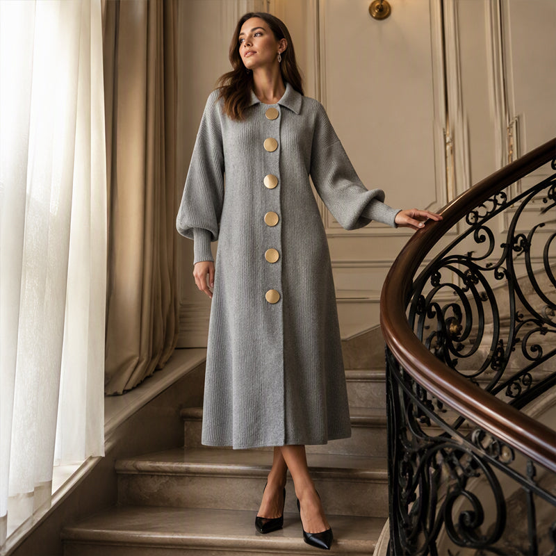 🔥 Beliebtes Produkt ！✨Damen Maxikleid aus Rippstrick mit Laternenärmeln