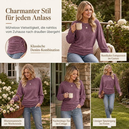 📢🎉50%Rabatt!!!🛍️✨Damen lässiger lockerer Rundhals Langarm Strickpullover mit herunterfallenden Schultern, Fledermausärmeln und seitlicher Rüschenoptik