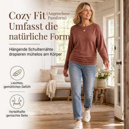 📢🎉50%Rabatt!!!🛍️✨Damen lässiger lockerer Rundhals Langarm Strickpullover mit herunterfallenden Schultern, Fledermausärmeln und seitlicher Rüschenoptik