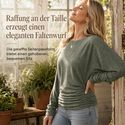 📢🎉50%Rabatt!!!🛍️✨Damen lässiger lockerer Rundhals Langarm Strickpullover mit herunterfallenden Schultern, Fledermausärmeln und seitlicher Rüschenoptik