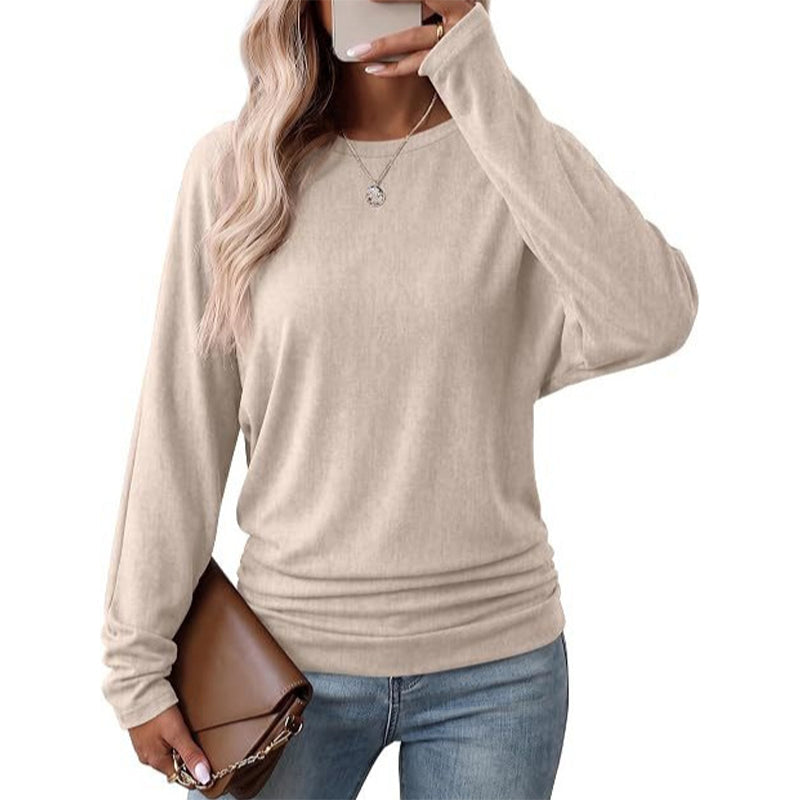 📢🎉50%Rabatt!!!🛍️✨Damen lässiger lockerer Rundhals Langarm Strickpullover mit herunterfallenden Schultern, Fledermausärmeln und seitlicher Rüschenoptik