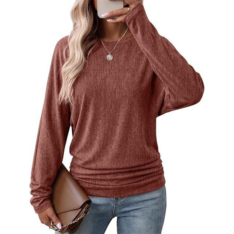 📢🎉50%Rabatt!!!🛍️✨Damen lässiger lockerer Rundhals Langarm Strickpullover mit herunterfallenden Schultern, Fledermausärmeln und seitlicher Rüschenoptik