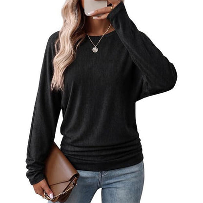 📢🎉50%Rabatt!!!🛍️✨Damen lässiger lockerer Rundhals Langarm Strickpullover mit herunterfallenden Schultern, Fledermausärmeln und seitlicher Rüschenoptik