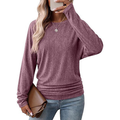 📢🎉50%Rabatt!!!🛍️✨Damen lässiger lockerer Rundhals Langarm Strickpullover mit herunterfallenden Schultern, Fledermausärmeln und seitlicher Rüschenoptik