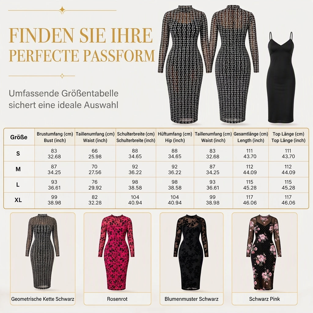 📢🎉50%Rabatt!!!🛍️✨2-Teiler Damen Kleid Set mit langärmligem, meshartigem und kettenbedrucktem Bodycon Midikleid und Unterkleid