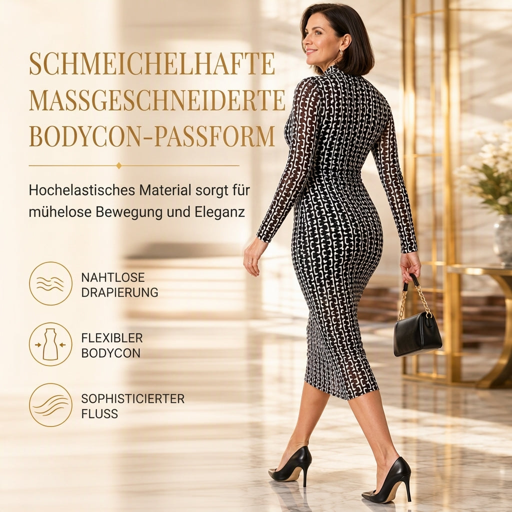 📢🎉50%Rabatt!!!🛍️✨2-Teiler Damen Kleid Set mit langärmligem, meshartigem und kettenbedrucktem Bodycon Midikleid und Unterkleid