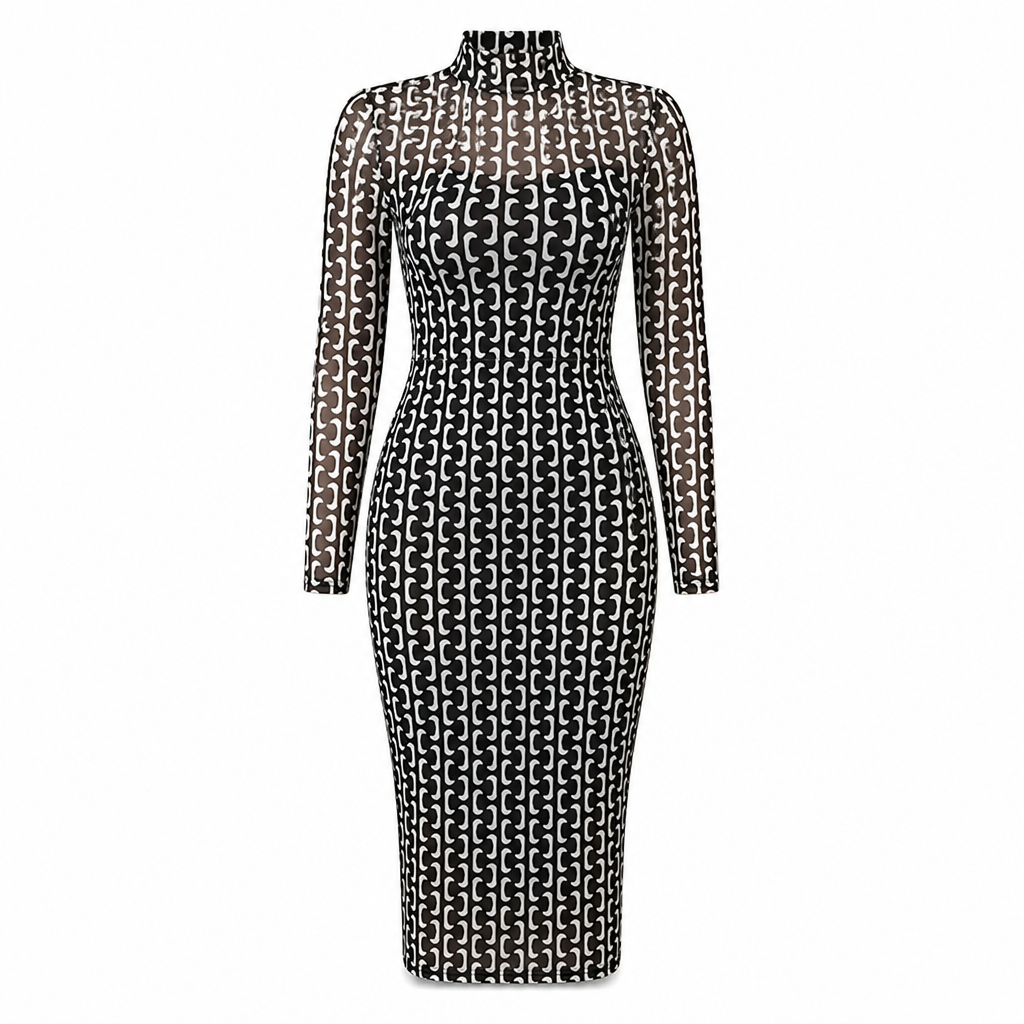 📢🎉50%Rabatt!!!🛍️✨2-Teiler Damen Kleid Set mit langärmligem, meshartigem und kettenbedrucktem Bodycon Midikleid und Unterkleid